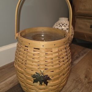 Longaberger Tan Woven Basket with Leaf Accent